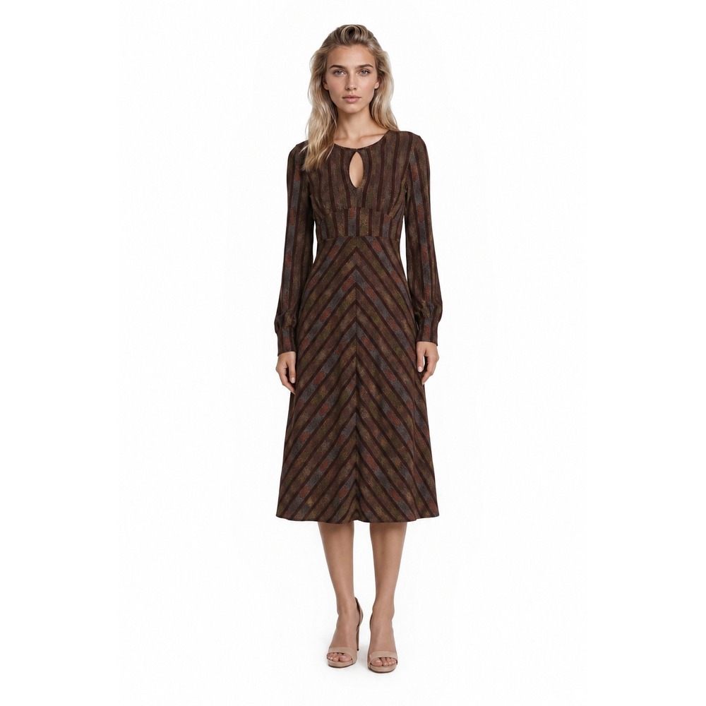 Free People Midi Dress Women's Size 10 Brown Chevron Striped V Neck Boho‎